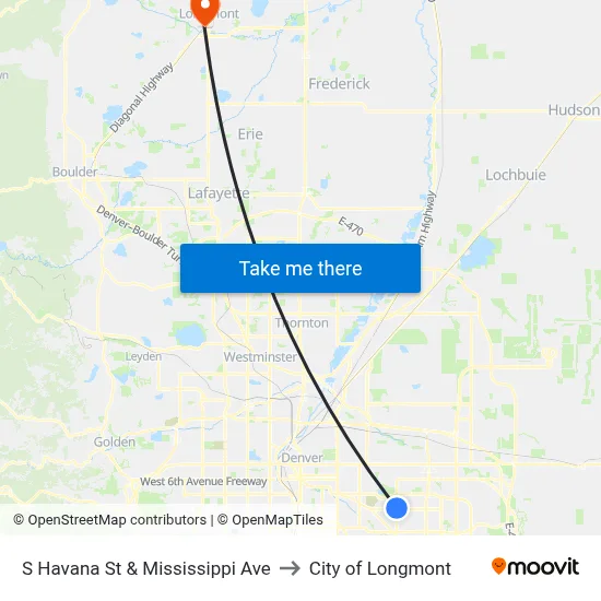 S Havana St & Mississippi Ave to City of Longmont map