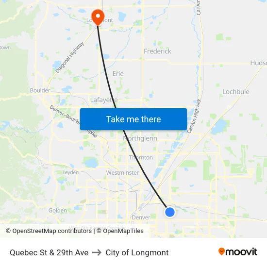 Quebec St & 29th Ave to City of Longmont map