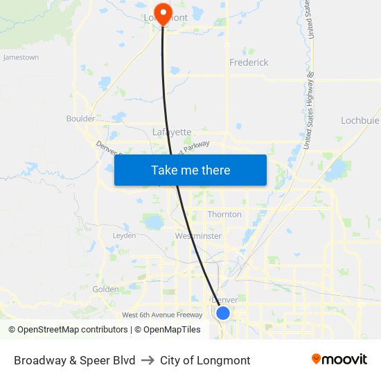 Broadway & Speer Blvd to City of Longmont map