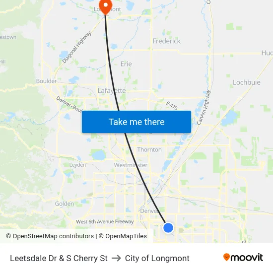 Leetsdale Dr & S Cherry St to City of Longmont map