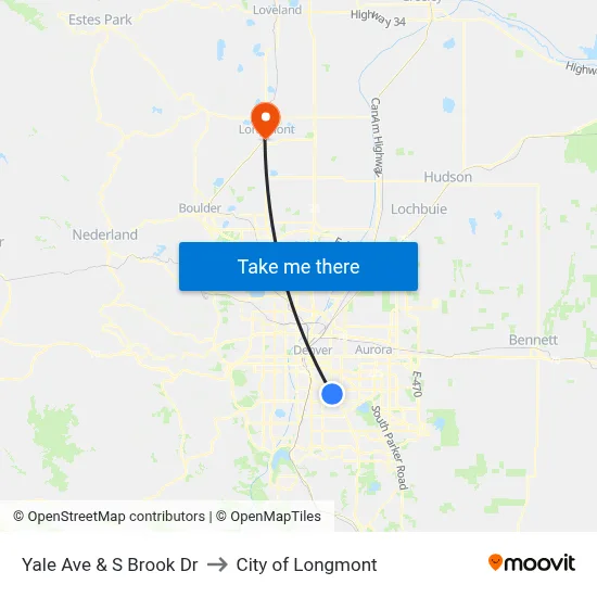 Yale Ave & S Brook Dr to City of Longmont map