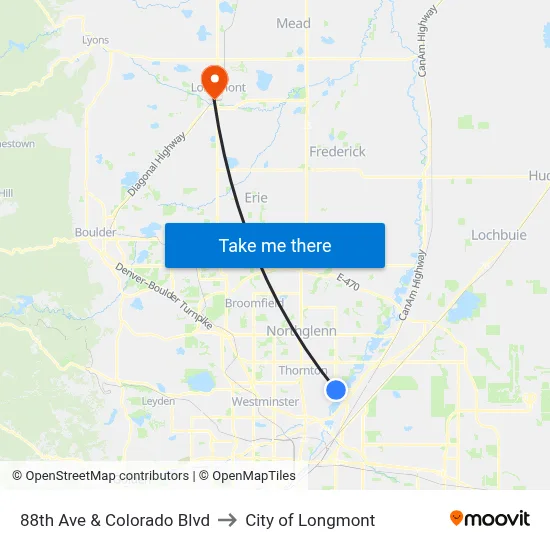 88th Ave & Colorado Blvd to City of Longmont map