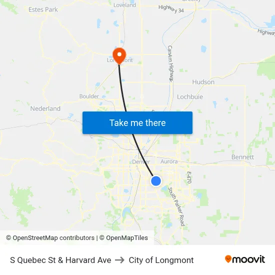 S Quebec St & Harvard Ave to City of Longmont map