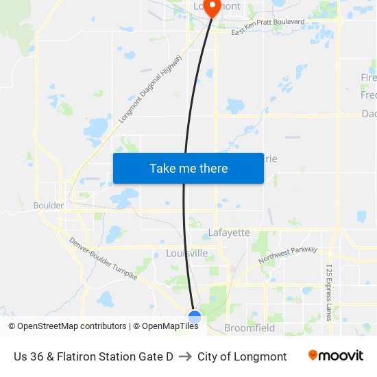 Us 36 & Flatiron Station Gate D to City of Longmont map