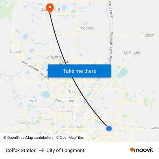 Colfax Station to City of Longmont map