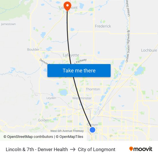 Lincoln & 7th - Denver Health to City of Longmont map