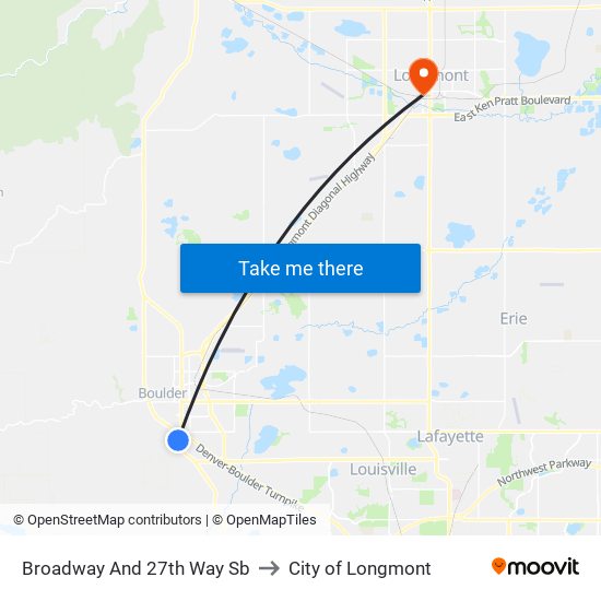 Broadway And 27th Way Sb to City of Longmont map