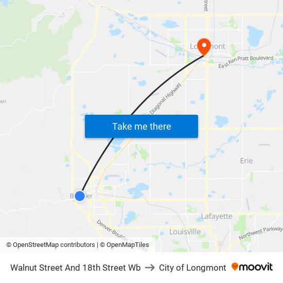 Walnut Street And 18th Street Wb to City of Longmont map
