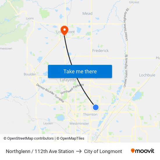 Northglenn / 112th Ave Station to City of Longmont map