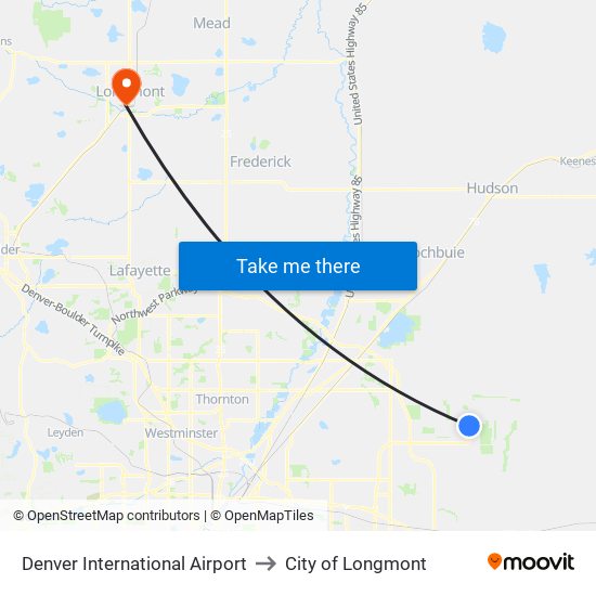 Denver International Airport to City of Longmont map