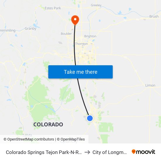 Colorado Springs Tejon Park-N-Ride to City of Longmont map