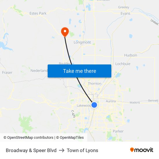 Broadway & Speer Blvd to Town of Lyons map