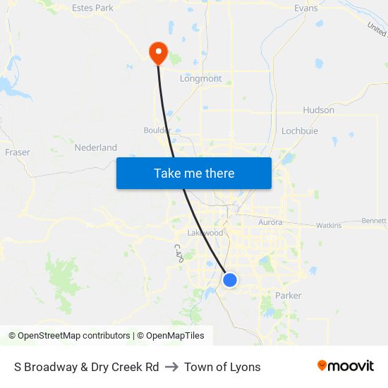 S Broadway & Dry Creek Rd to Town of Lyons map