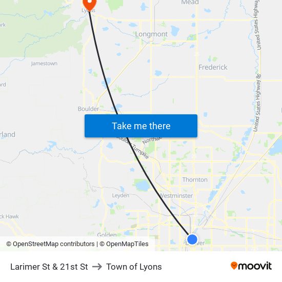 Larimer St & 21st St to Town of Lyons map