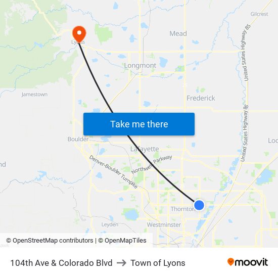 104th Ave & Colorado Blvd to Town of Lyons map