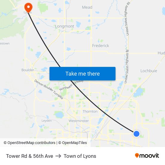 Tower Rd & 56th Ave to Town of Lyons map