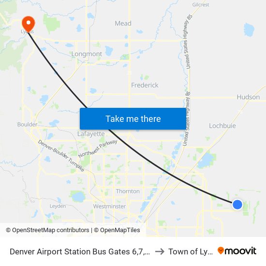 Denver Airport Station Bus Gates 6,7,8,9 & 10 to Town of Lyons map