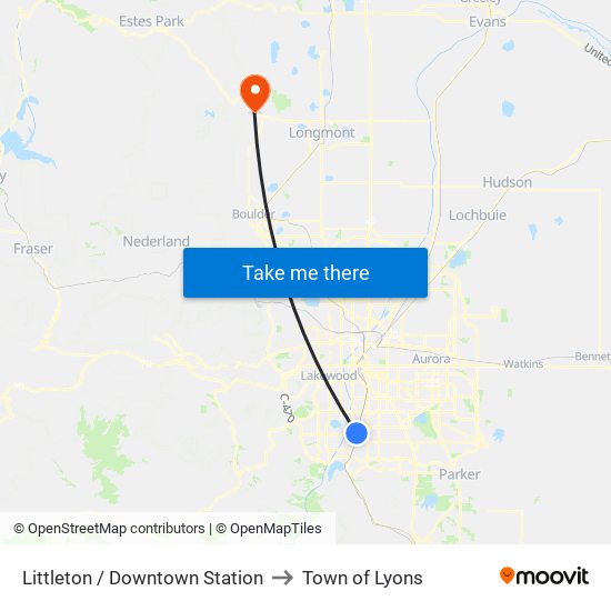 Littleton / Downtown Station to Town of Lyons map