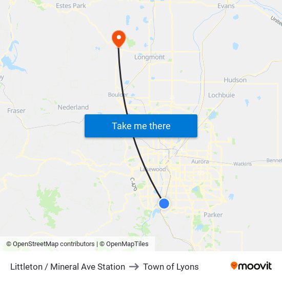 Littleton / Mineral Ave Station to Town of Lyons map