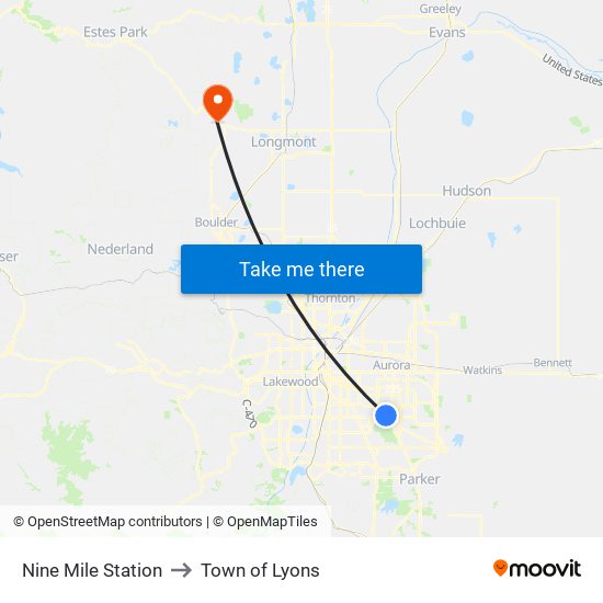 Nine Mile Station to Town of Lyons map