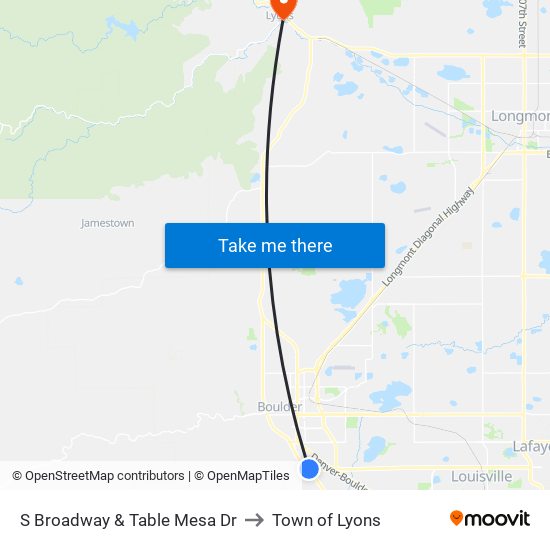 S Broadway & Table Mesa Dr to Town of Lyons map