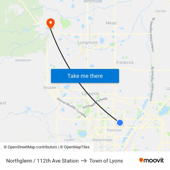 Northglenn / 112th Ave Station to Town of Lyons map
