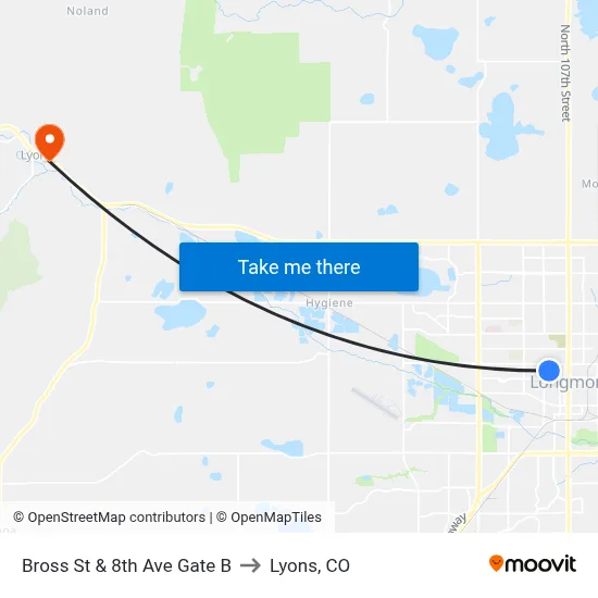 Bross St & 8th Ave Gate B to Lyons, CO map