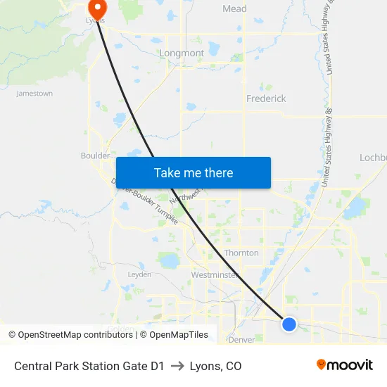 Central Park Station Gate D1 to Lyons, CO map