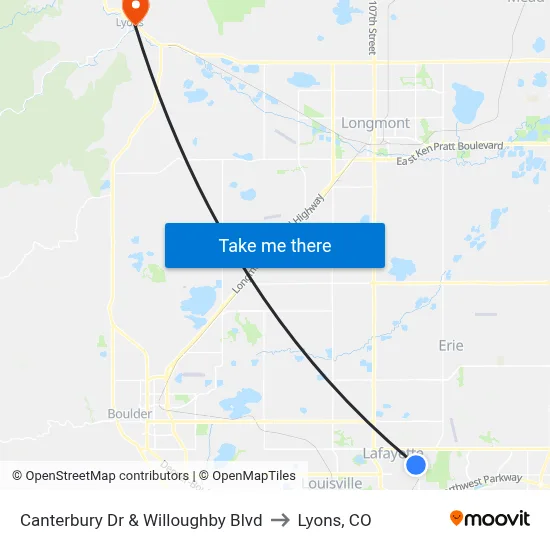 Canterbury Dr & Willoughby Blvd to Lyons, CO map