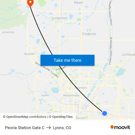 Peoria Station Gate C to Lyons, CO map