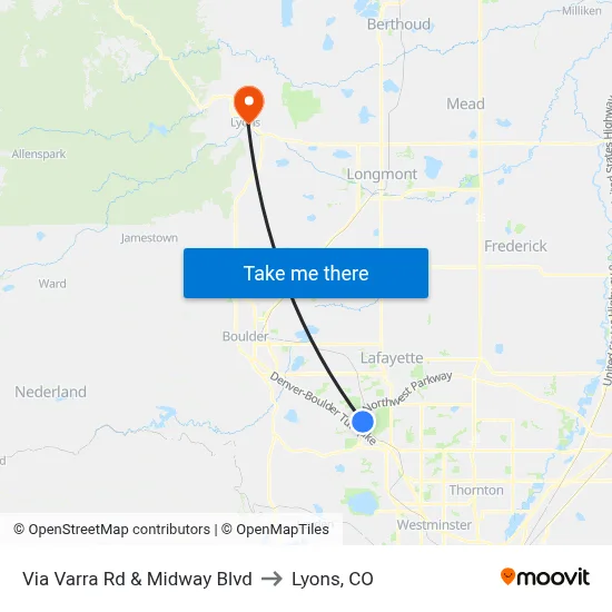 Via Varra Rd & Midway Blvd to Lyons, CO map