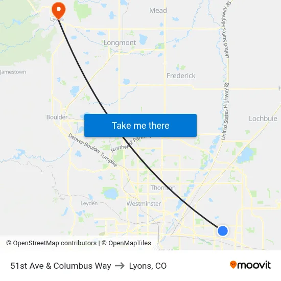 51st Ave & Columbus Way to Lyons, CO map