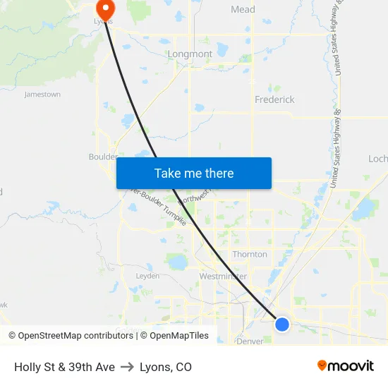 Holly St & 39th Ave to Lyons, CO map
