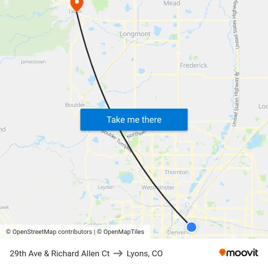 29th Ave & Richard Allen Ct to Lyons, CO map