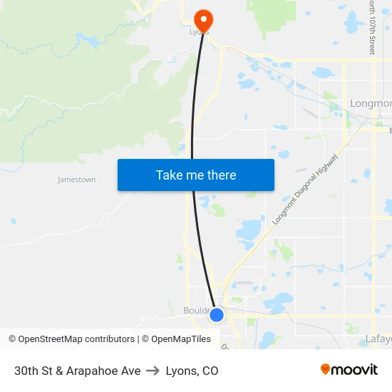 30th St & Arapahoe Ave to Lyons, CO map