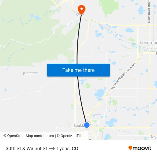 30th St & Walnut St to Lyons, CO map