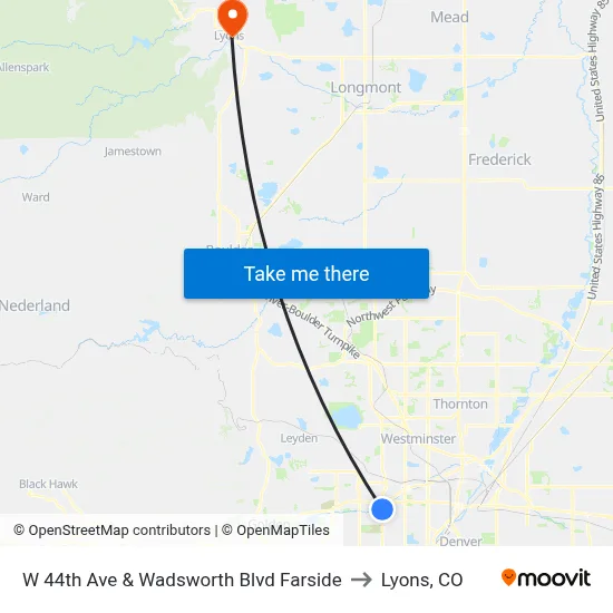 W 44th Ave & Wadsworth Blvd Farside to Lyons, CO map