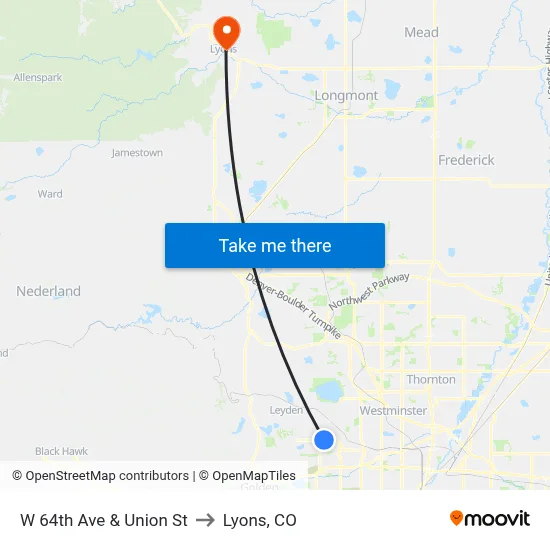 W 64th Ave & Union St to Lyons, CO map