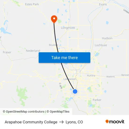 Arapahoe Community College to Lyons, CO map