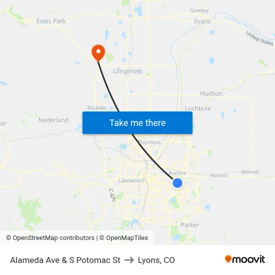 Alameda Ave & S Potomac St to Lyons, CO map