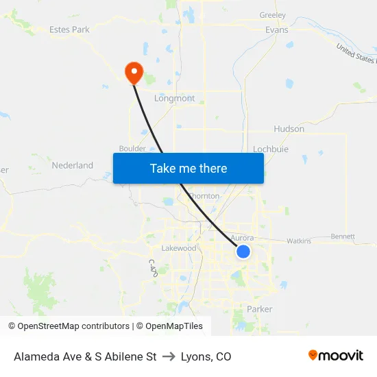 Alameda Ave & S Abilene St to Lyons, CO map