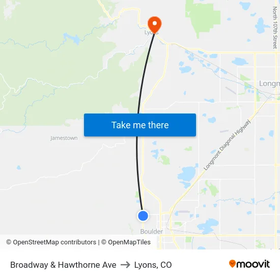 Broadway & Hawthorne Ave to Lyons, CO map