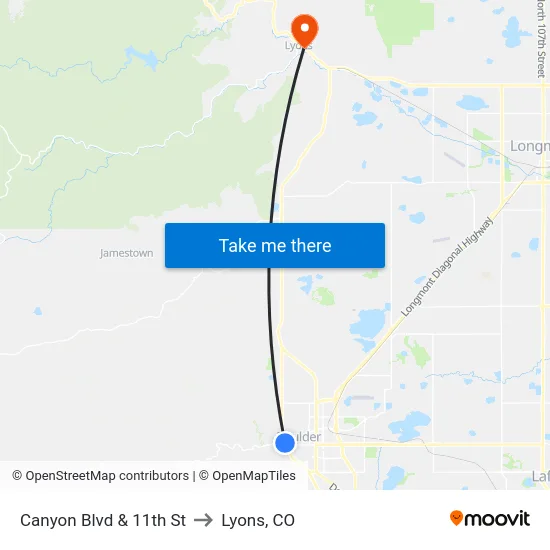 Canyon Blvd & 11th St to Lyons, CO map