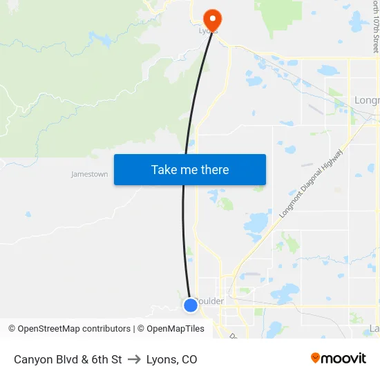 Canyon Blvd & 6th St to Lyons, CO map