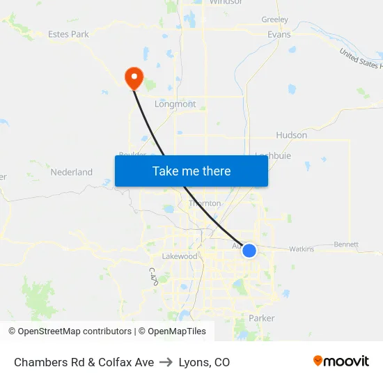Chambers Rd & Colfax Ave to Lyons, CO map