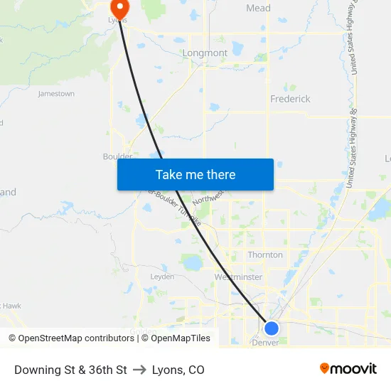 Downing St & 36th St to Lyons, CO map