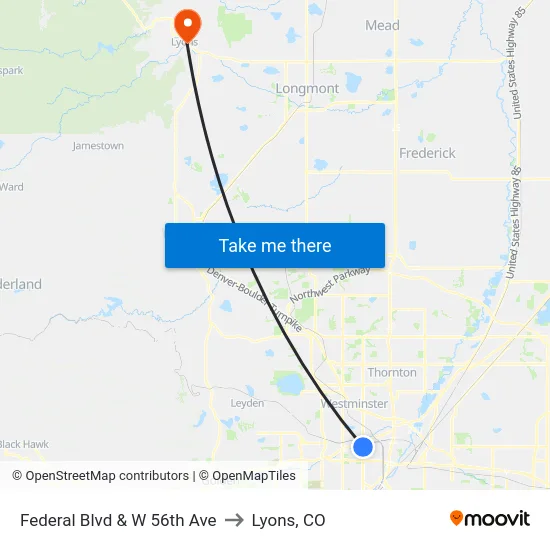 Federal Blvd & W 56th Ave to Lyons, CO map