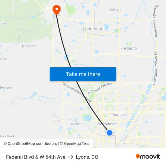 Federal Blvd & W 64th Ave to Lyons, CO map