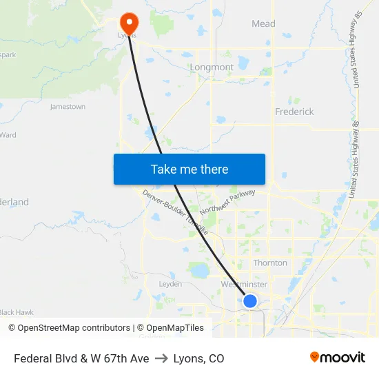 Federal Blvd & W 67th Ave to Lyons, CO map