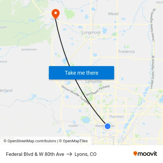 Federal Blvd & W 80th Ave to Lyons, CO map
